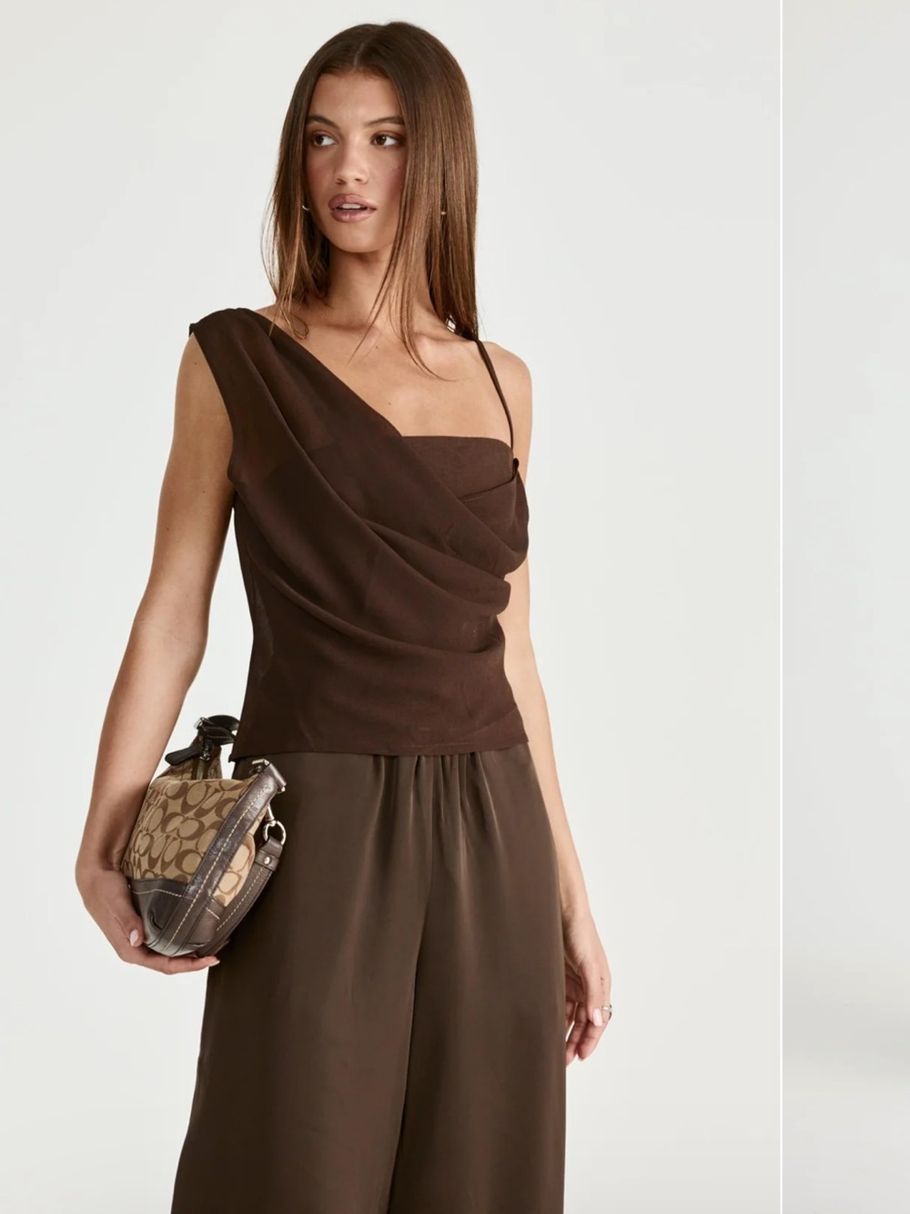 Charcoal Clothing One-Shoulder Draped Brown Top